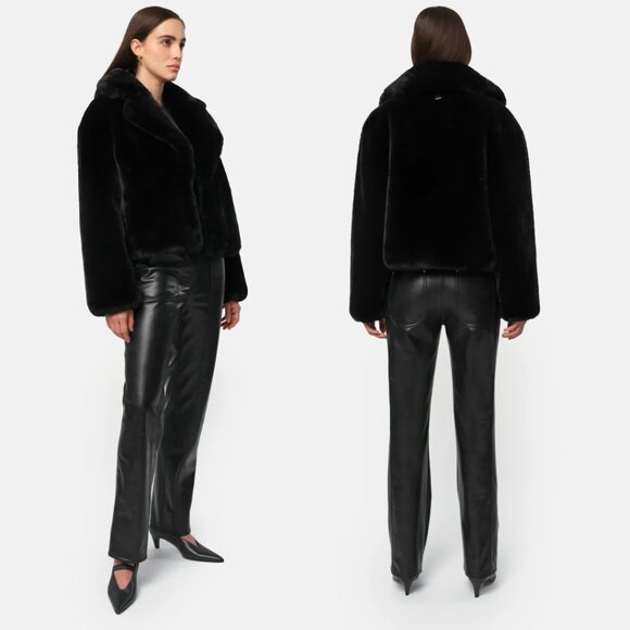 NWT Apparis Miller Short Coat Faux Fur Black Sz Medium Notch Collar Long Sleeves - Picture 2 of 12